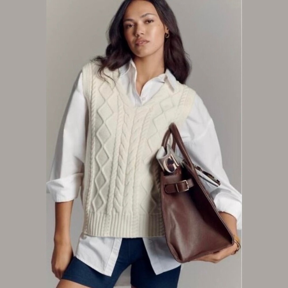 Varley Kay Cable Knit Vest Ivory‎ Cream V-Neck Sleeveless Sweater VAR02471 XL